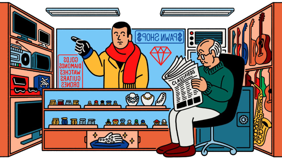 Cartoon of a man reading a newspaper in a store with shelves and a TV screen.
Details